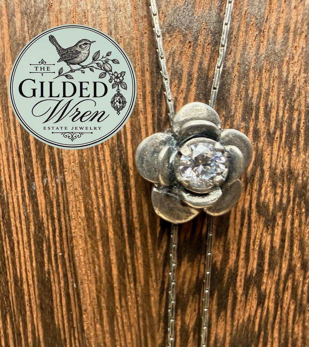 Sterling Silver 925 Flower Lariat Necklace Clear Crystal Bolo Style 18” 5.32g